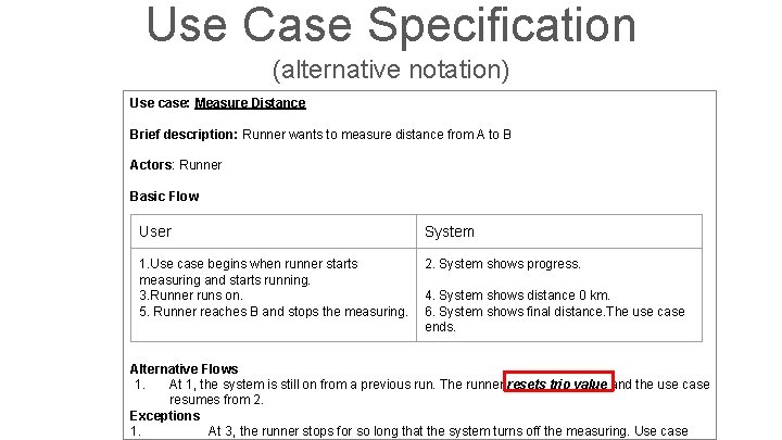 Use Case Specification (alternative notation) Use case: Measure Distance Brief description: Runner wants to
