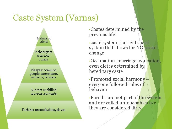 Caste System (Varnas) • Castes determined by the Brahmans: priests Kshatriyas: warriors, rulers Viasyas: