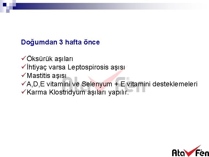 Doğumdan 3 hafta önce üÖksürük aşıları üİhtiyaç varsa Leptospirosis aşısı üMastitis aşısı üA, D,