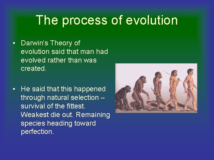 The process of evolution • Darwin’s Theory of evolution said that man had evolved