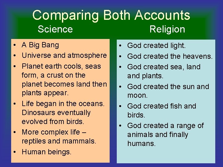 Comparing Both Accounts Science • A Big Bang • Universe and atmosphere • Planet