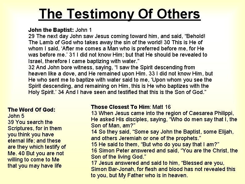 The Testimony Of Others John the Baptist: John 1 29 The next day John