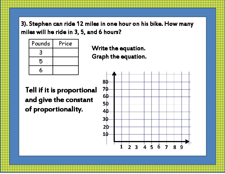 3). Stephen can ride 12 miles in one hour on his bike. How many