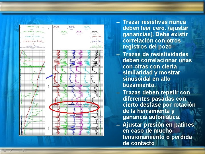 – Trazar resistivas nunca deben leer cero. (ajustar ganancias). Debe existir correlación con otros