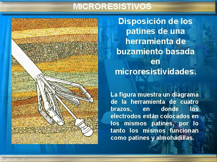 MICRORESISTIVOS Disposición de los patines de una herramienta de buzamiento basada en microresistividades. La