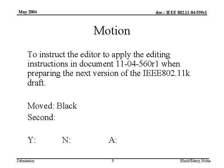 May 2004 doc. : IEEE 802. 11 -04/559 r 1 Motion To instruct the