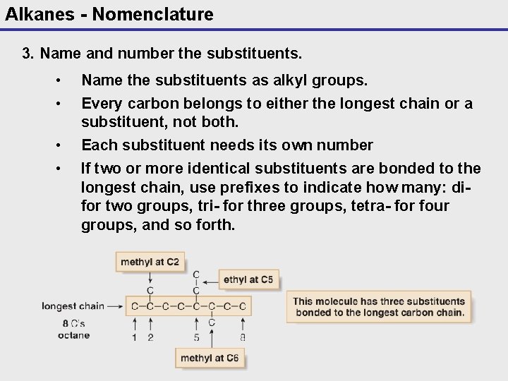 Alkanes - Nomenclature 3. Name and number the substituents. • • Name the substituents