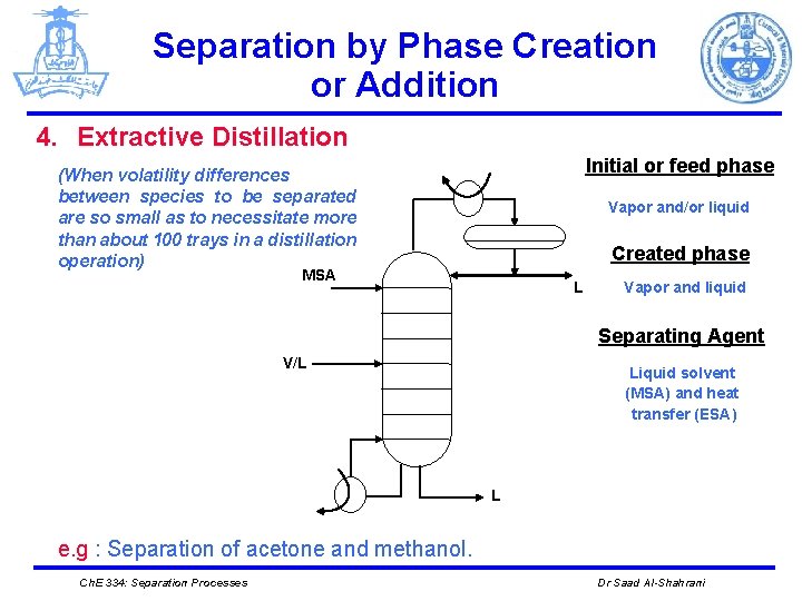 Separation by Phase Creation or Addition 4. Extractive Distillation Initial or feed phase (When