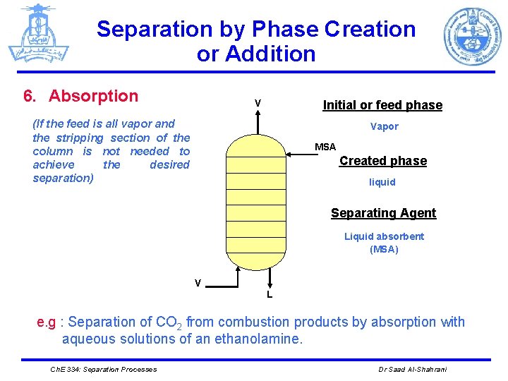 Separation by Phase Creation or Addition 6. Absorption V Initial or feed phase (If