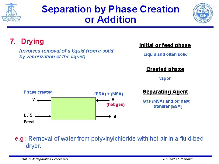 Separation by Phase Creation or Addition 7. Drying (involves removal of a liquid from