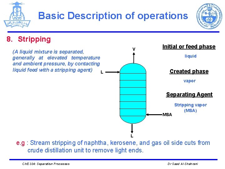 Basic Description of operations 8. Stripping (A liquid mixture is separated, generally at elevated