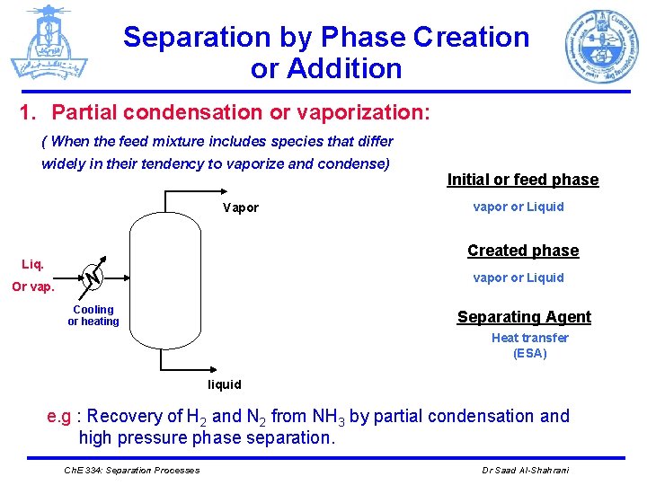Separation by Phase Creation or Addition 1. Partial condensation or vaporization: ( When the