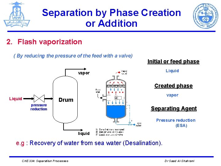 Separation by Phase Creation or Addition 2. Flash vaporization ( By reducing the pressure