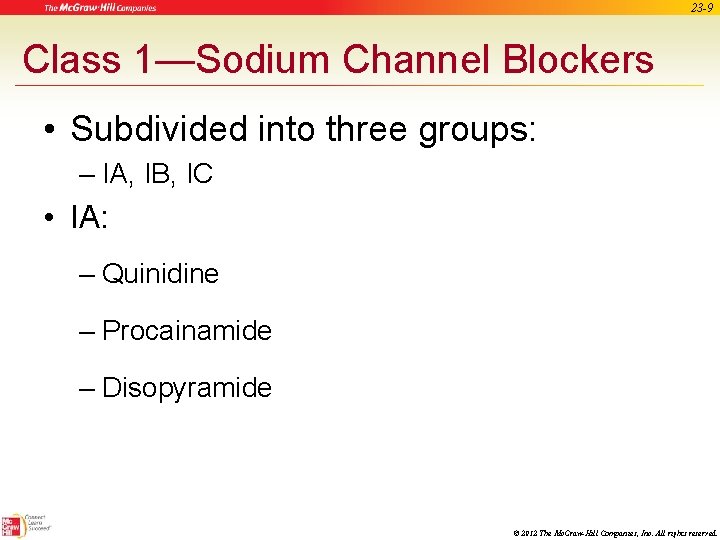 23 -9 Class 1—Sodium Channel Blockers • Subdivided into three groups: – IA, IB,
