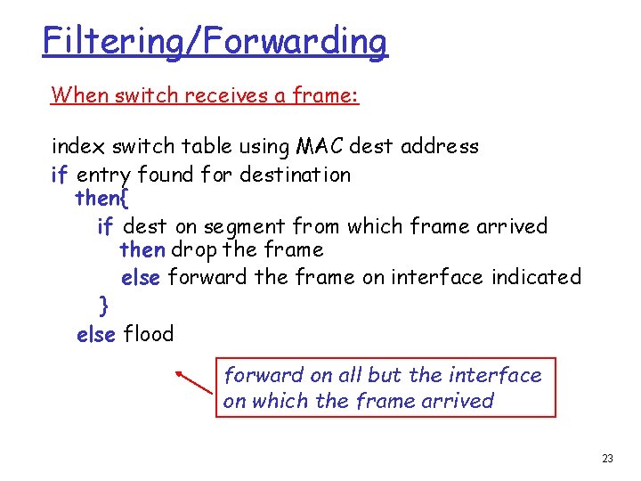 Filtering/Forwarding When switch receives a frame: index switch table using MAC dest address if