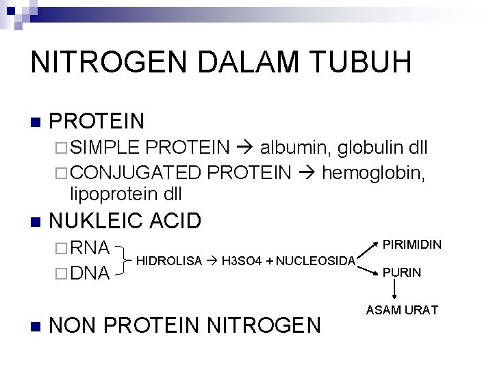 NITROGEN DALAM TUBUH n PROTEIN ¨ SIMPLE PROTEIN albumin, globulin dll ¨ CONJUGATED PROTEIN