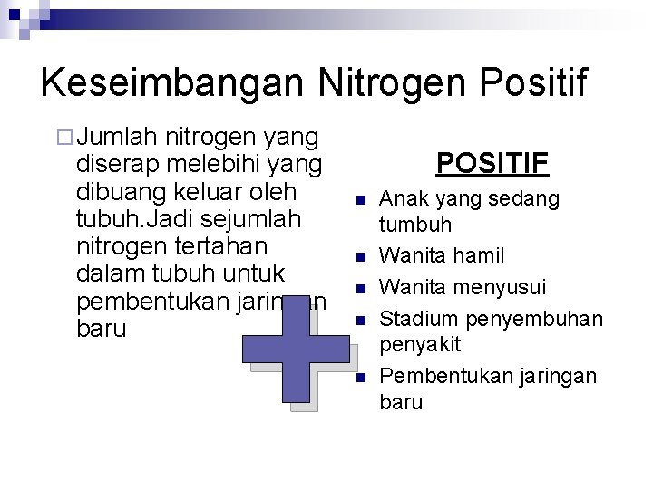 Keseimbangan Nitrogen Positif ¨ Jumlah nitrogen yang diserap melebihi yang dibuang keluar oleh tubuh.