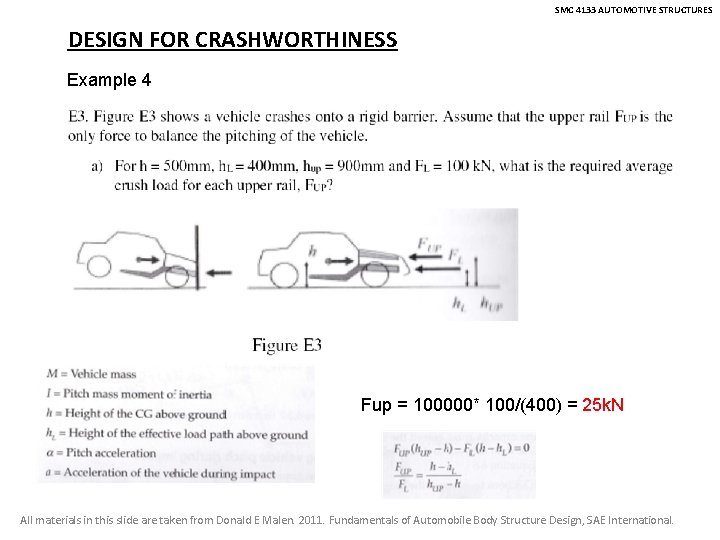 SMC 4133 AUTOMOTIVE STRUCTURES DESIGN FOR CRASHWORTHINESS Example 4 Fup = 100000* 100/(400) =