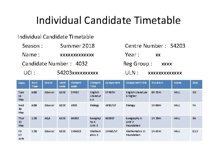 Individual Candidate Timetable Season : Summer 2018 Name : xxxxxxx Candidate Number : 4032