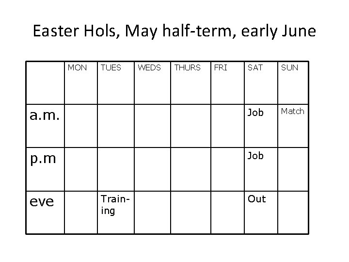 Easter Hols, May half-term, early June MON SAT SUN a. m. Job Match p.