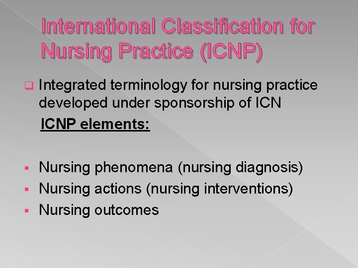 International Classification for Nursing Practice (ICNP) q Integrated terminology for nursing practice developed under