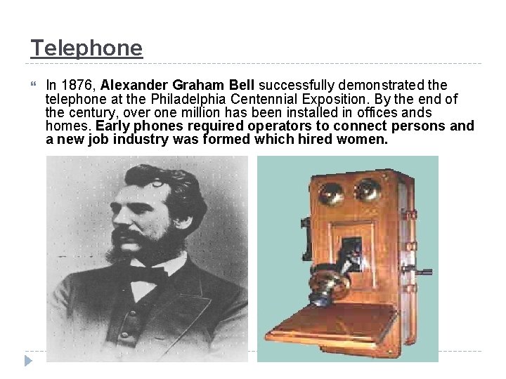 Telephone In 1876, Alexander Graham Bell successfully demonstrated the telephone at the Philadelphia Centennial