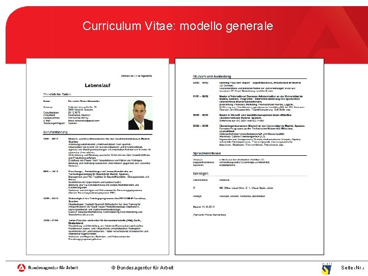 Curriculum Vitae: modello generale © Bundesagentur für Arbeit Seite ‹Nr. › 