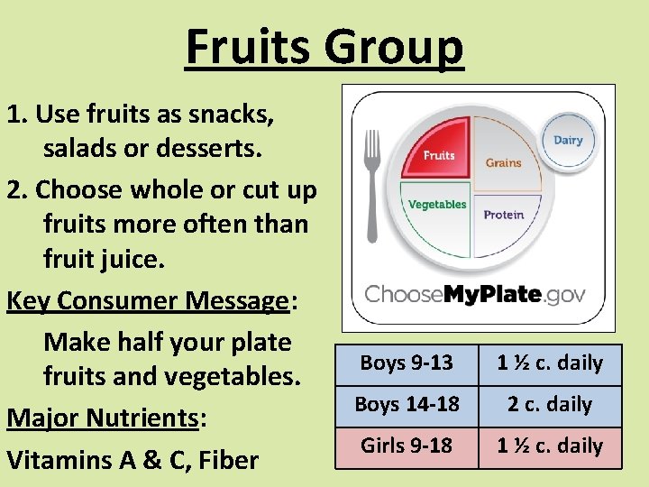 Fruits Group 1. Use fruits as snacks, salads or desserts. 2. Choose whole or