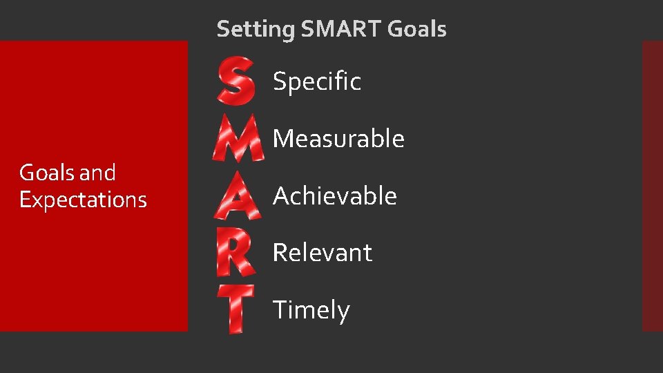 Setting SMART Goals Specific Measurable Goals and Expectations Achievable Relevant Timely 