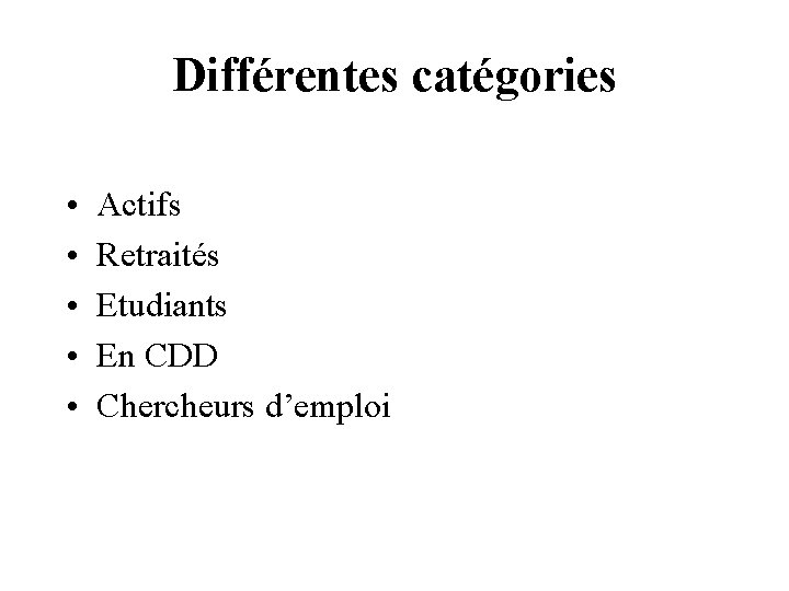 Différentes catégories • • • Actifs Retraités Etudiants En CDD Chercheurs d’emploi 