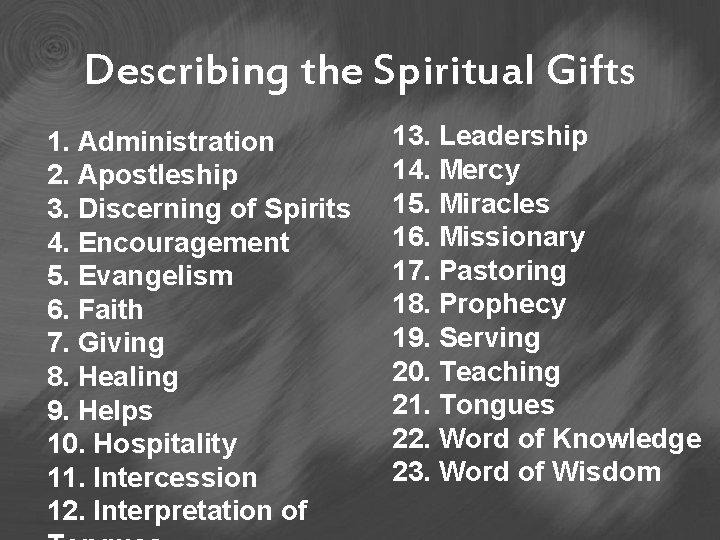 Describing the Spiritual Gifts 1. Administration 2. Apostleship 3. Discerning of Spirits 4. Encouragement