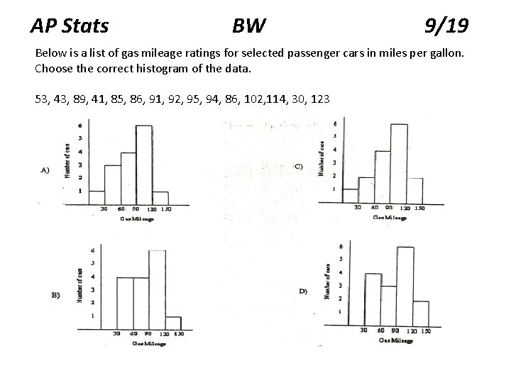 AP Stats BW 9/19 Below is a list of gas mileage ratings for selected