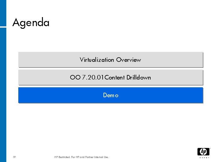 Agenda Virtualization Overview OO 7. 20. 01 Content Drilldown Demo 19 HP Restricted. For