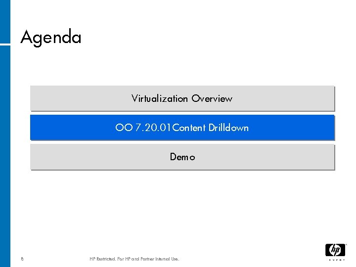Agenda Virtualization Overview OO 7. 20. 01 Content Drilldown Demo 8 HP Restricted. For