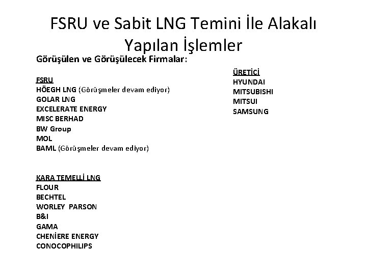 FSRU ve Sabit LNG Temini İle Alakalı Yapılan İşlemler Görüşülen ve Görüşülecek Firmalar: FSRU