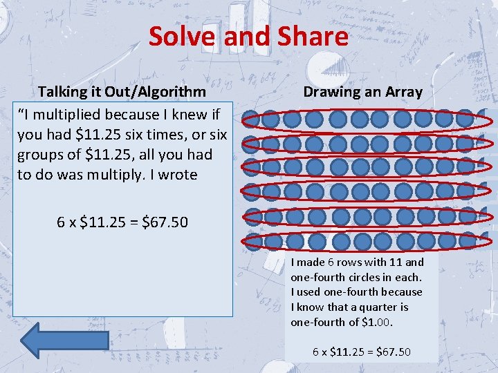 Solve and Share Talking it Out/Algorithm “I multiplied because I knew if you had