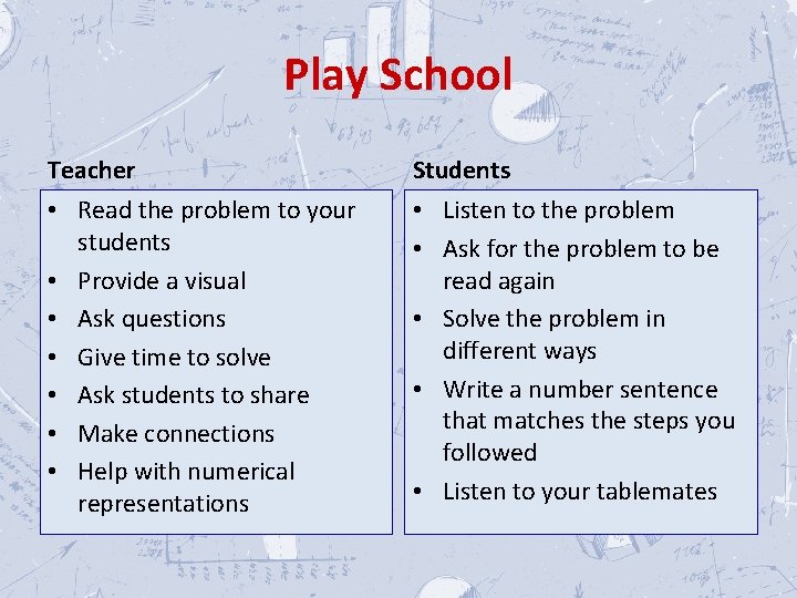 Play School Teacher Students • Read the problem to your students • Provide a