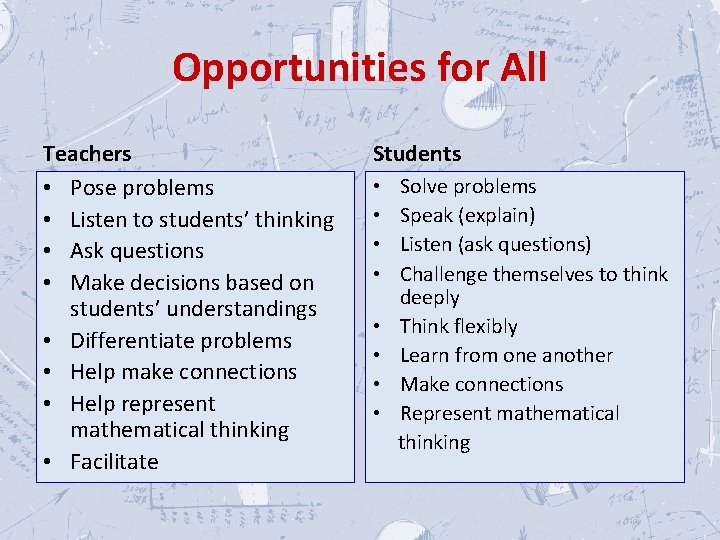 Opportunities for All Teachers • Pose problems • Listen to students’ thinking • Ask