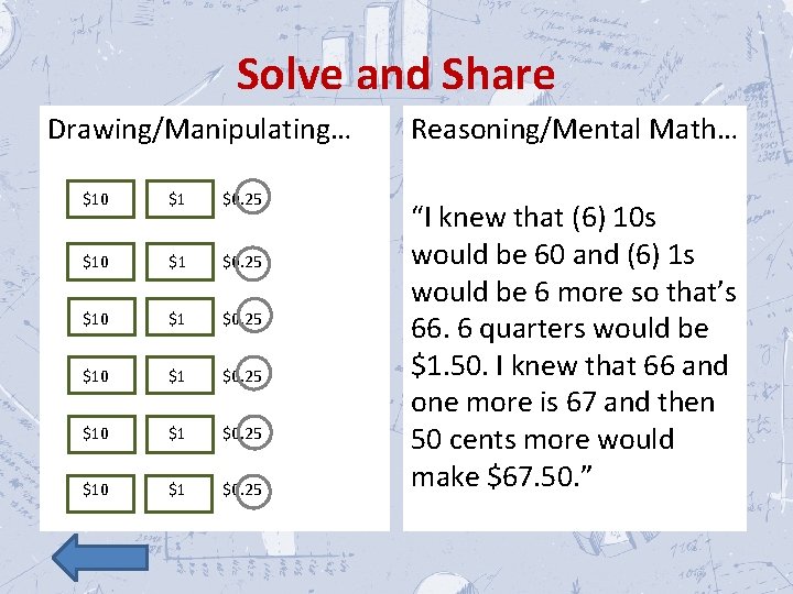 Solve and Share Drawing/Manipulating… $10 $1 $0. 25 Reasoning/Mental Math… “I knew that (6)