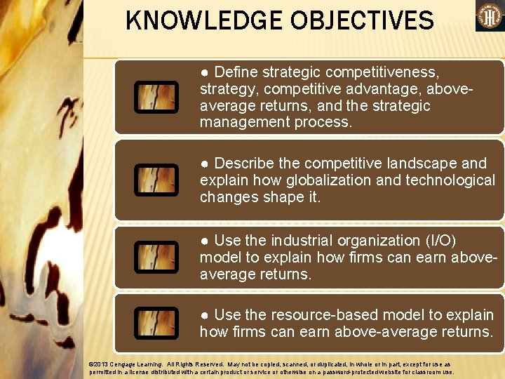 KNOWLEDGE OBJECTIVES ● Define strategic competitiveness, strategy, competitive advantage, aboveaverage returns, and the strategic