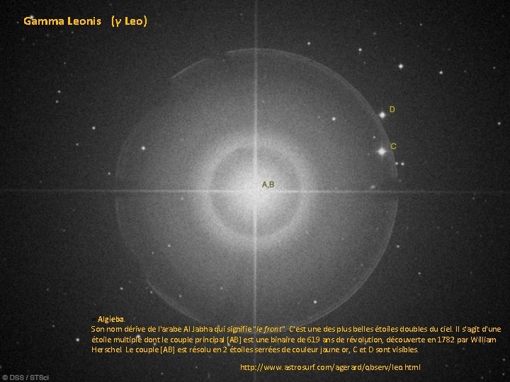 Gamma Leonis (γ Leo) = Algieba. Son nom dérive de l'arabe Al Jabha qui