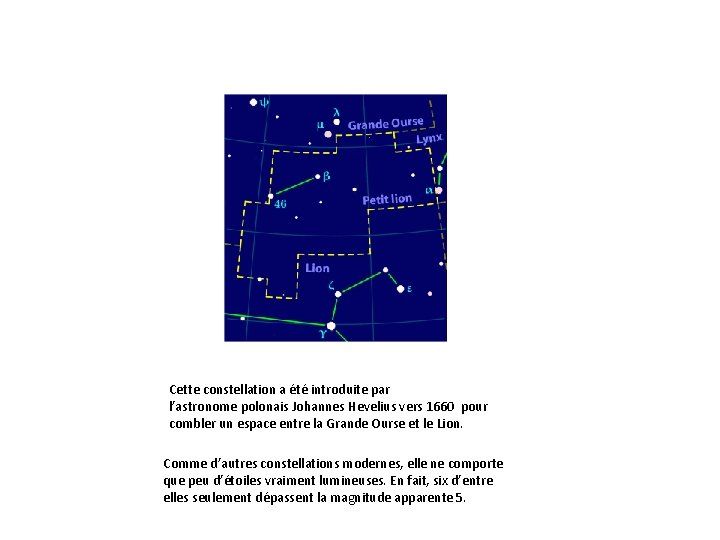 Cette constellation a été introduite par l’astronome polonais Johannes Hevelius vers 1660 pour combler