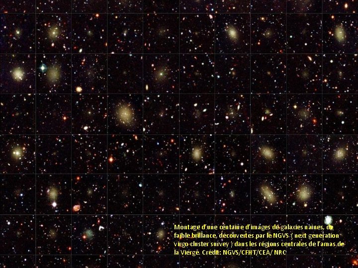 Montage d’une centaine d’images de galaxies naines, de faible brillance, découvertes par le NGVS