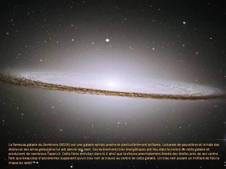 La fameuse galaxie du Sombrero (M 104) est une galaxie spirale proche et particulièrement