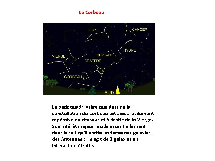 Le Corbeau Le petit quadrilatère que dessine la constellation du Corbeau est assez facilement