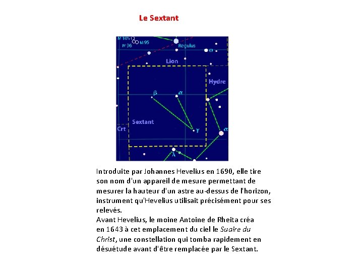 Le Sextant Introduite par Johannes Hevelius en 1690, elle tire son nom d'un appareil