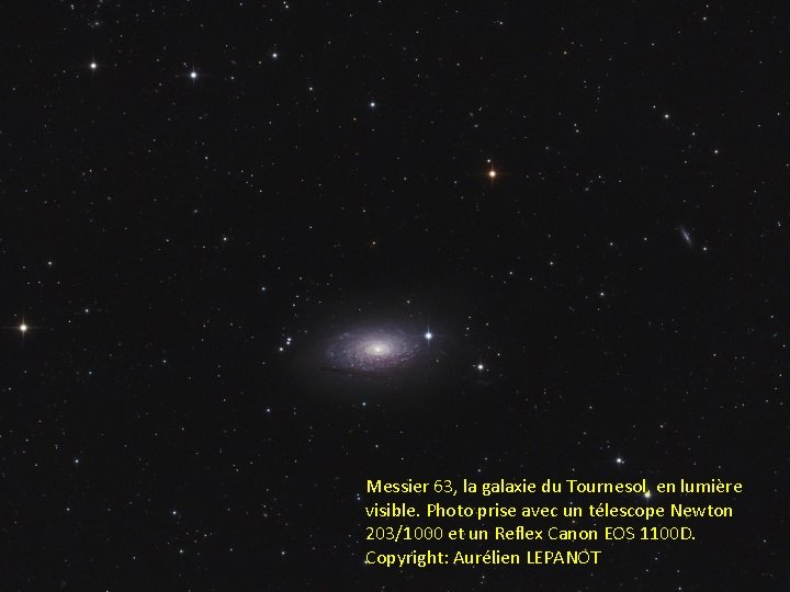 Messier 63, la galaxie du Tournesol, en lumière visible. Photo prise avec un télescope