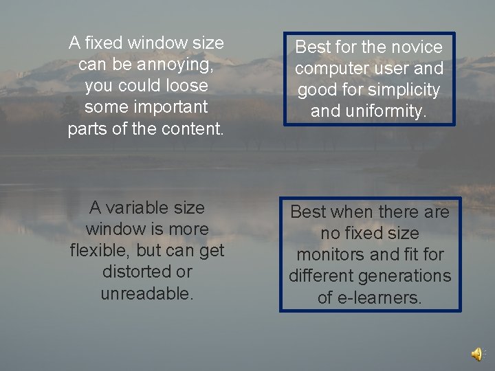 A fixed window size can be annoying, you could loose some important parts of