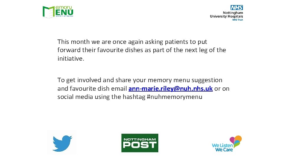 This month we are once again asking patients to put forward their favourite dishes