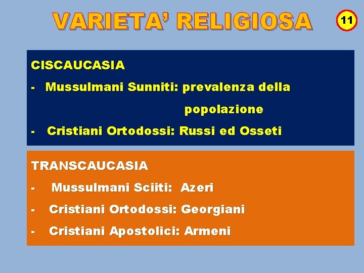 VARIETA’ RELIGIOSA CISCAUCASIA - Mussulmani Sunniti: prevalenza della popolazione - Cristiani Ortodossi: Russi ed